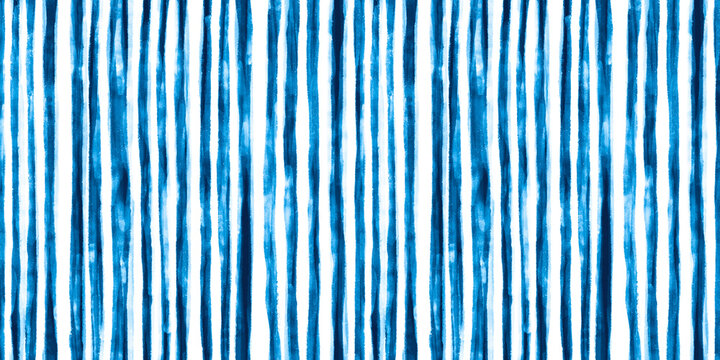 Seamless Hand Drawn Playful Loose Textured Watercolor Vertical Pin Stripes Pattern In Indigo Blue And White. Baby Boy Or Nautical Theme. High Resolution Textile Texture Background..