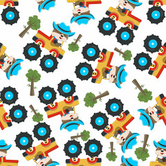 Seamless pattern vector of monster truck with animal driver. Creative vector childish background for fabric textile, nursery background, baby clothes, poster, wrapping paper and other decoration.