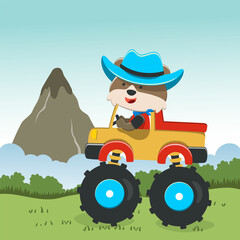 Vector illustration of monster truck with funny animal driver. Can be used for t-shirt print, kids wear fashion design, invitation card. fabric, textile, nursery wallpaper, poster and other decoration