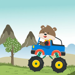 Vector illustration of monster truck with funny animal driver. Can be used for t-shirt print, kids wear fashion design, invitation card. fabric, textile, nursery wallpaper, poster and other decoration