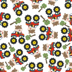 Fotobehang Seamless pattern vector of monster truck with animal driver. Creative vector childish background for fabric textile, nursery background, baby clothes, poster, wrapping paper and other decoration. © Hijaznahwani