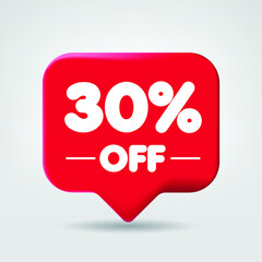 Sale of special offers. Discount with the price 30 OFF percentage. An ad with a red label for a day-of-purchase retail advertising campaign. 3D vector illustration.