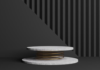 Marble podium for product presentation with black rectangle shape and  Golden spring, 3d render black background Pro Photo