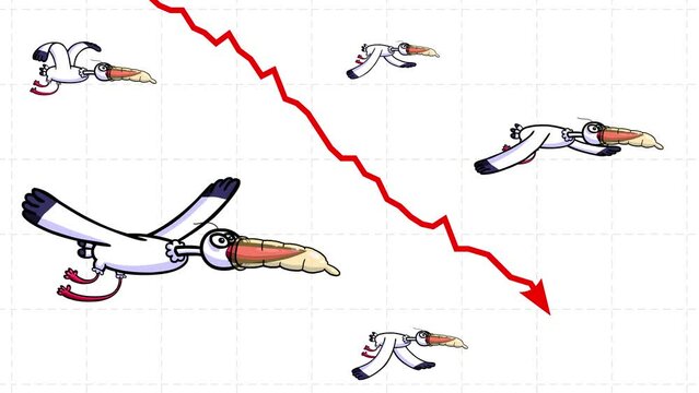 Arrow red chart down diagram graph with flying cartoon storks. Stork bringing baby sleeping and sucking teat. Metaphor of baby population boom.