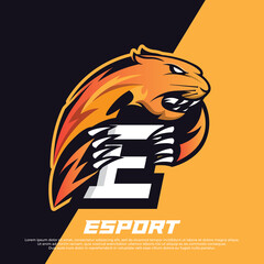 Initial letter E logo esport design, Panther esport logo design, Tiger mascot sport logo design © widoko