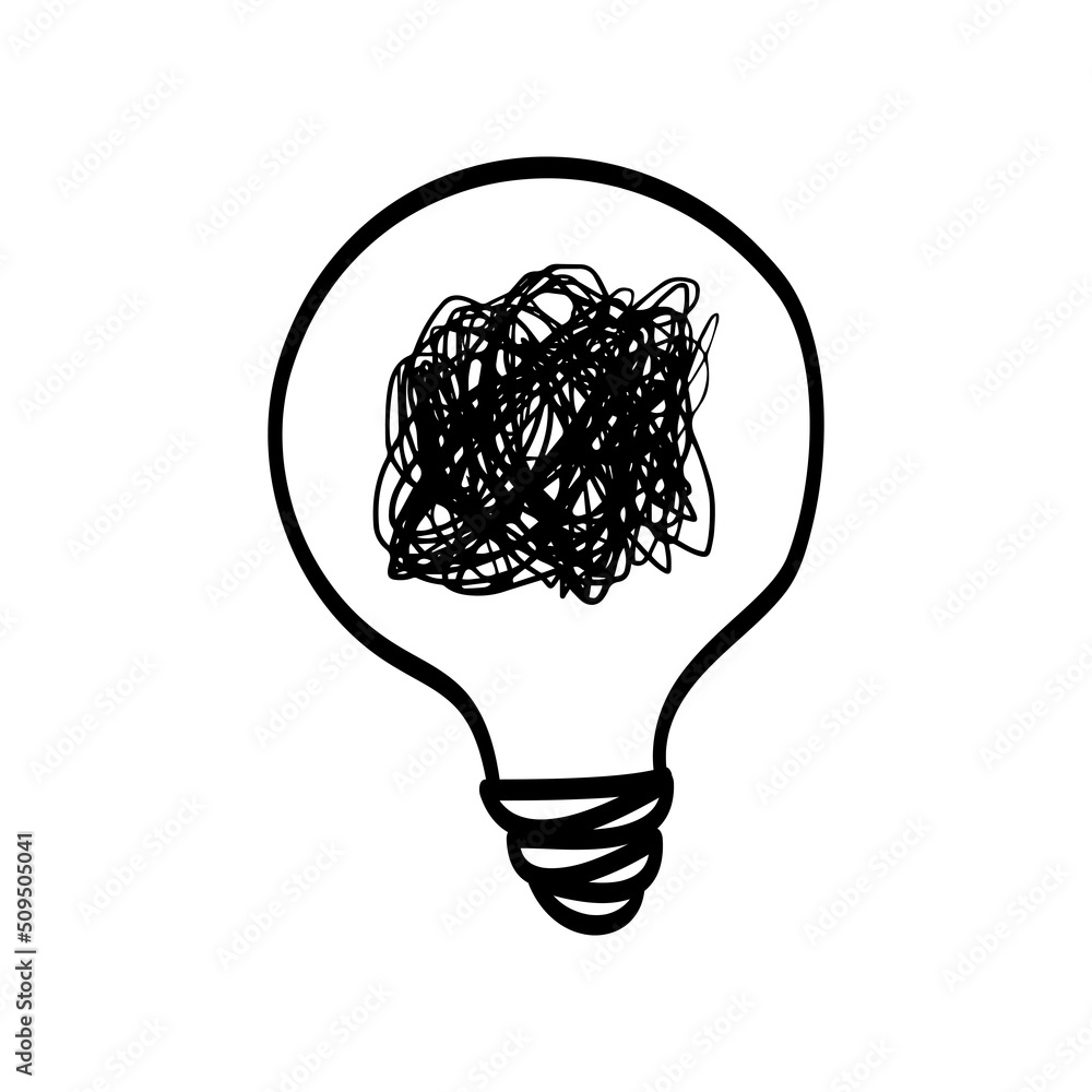 Poster hand drawn scribble sketch circle object with bulb. tangled grungy round scribble. isolated on white