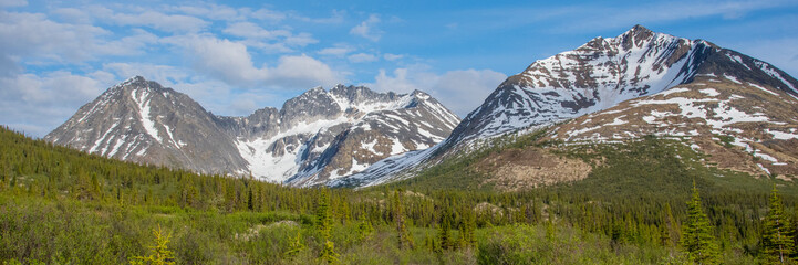 Fototapeta premium Panoramic mountain views in northern Canada, Yukon Territory during summer. 