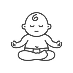 Cute baby meditating in Lotus pose for yoga studio emblem logotype design template.