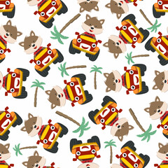 Obraz premium Seamless pattern vector of cute little fox driving monster truck. Creative vector childish background for fabric textile, nursery background, baby clothes, poster, wrapping paper and other decoration.