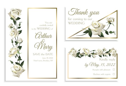 Elegant wedding invitation card template set with white roses, golden border and greenery