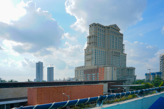 Kolkata, West Bengal, India - 20th July 2019 : View of ITC Sonar Bangla Hotel with blue sky and white clouds in the background. A famous 5 star top quolity hotel of Kolkata.