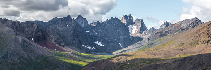 Panoramic mountain views in northern Yukon Territory, Canada during summer. 