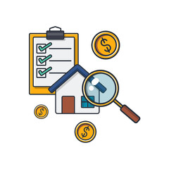 Collection colored thin icon of house checking ,checklist ,magnifying glass ,money coin, business and finance concept vector illustration.