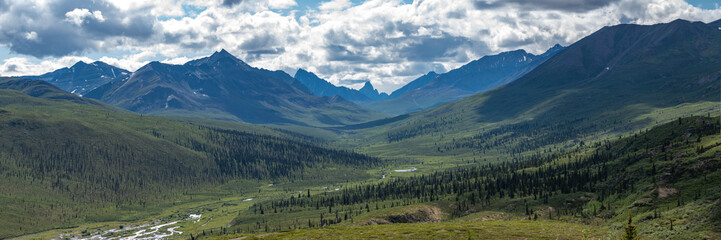 Panoramic mountain views in northern Yukon Territory, Canada during summer. 