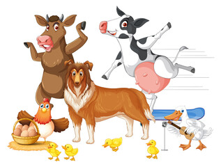 Farm animals on white background