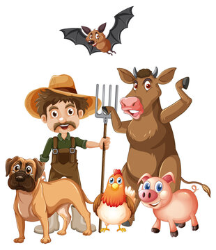 Farmer and many animals on white background