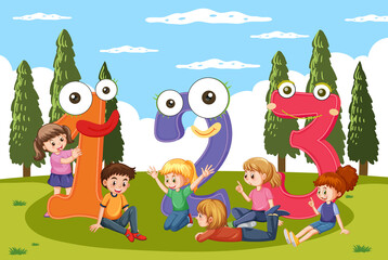 Number 1 2 3 with children cartoon character