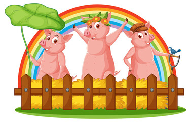 Cartoon three little pigs with rainbow background