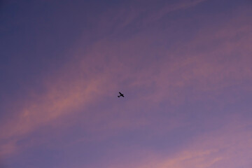 light single private plane on the purple evening sky background. Agricultural Aircraft isolated. crop duster silhouette. 