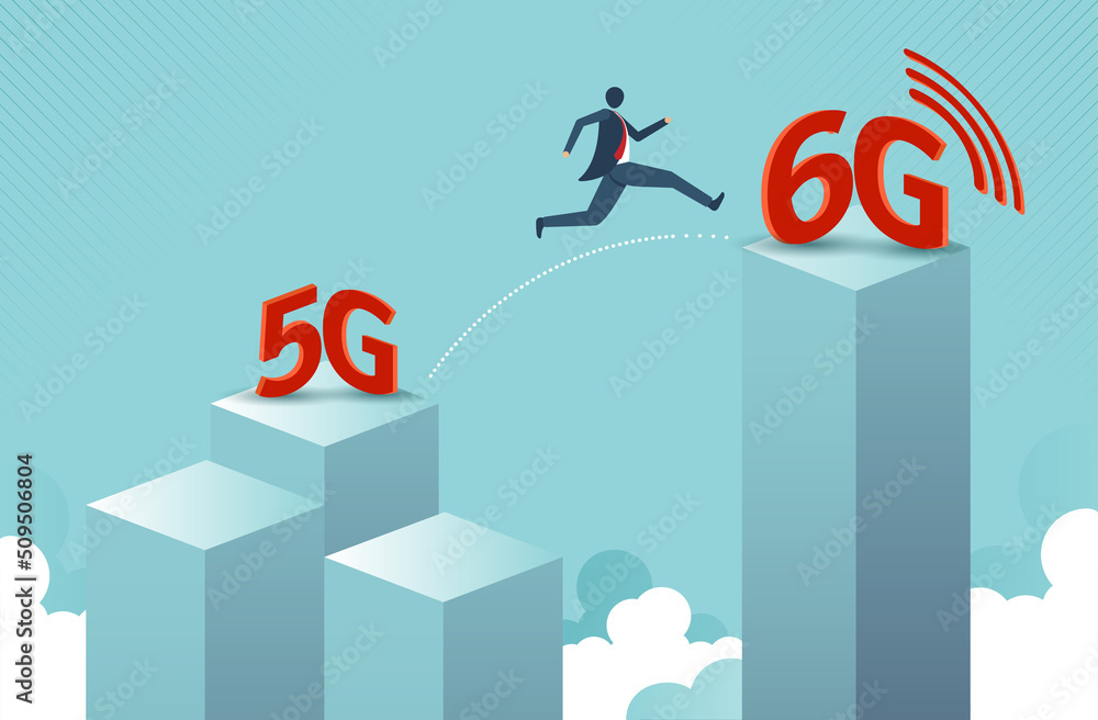 Poster technology transformation change from 5g to 6g by businessman jumping from 5g building to 6g buildin