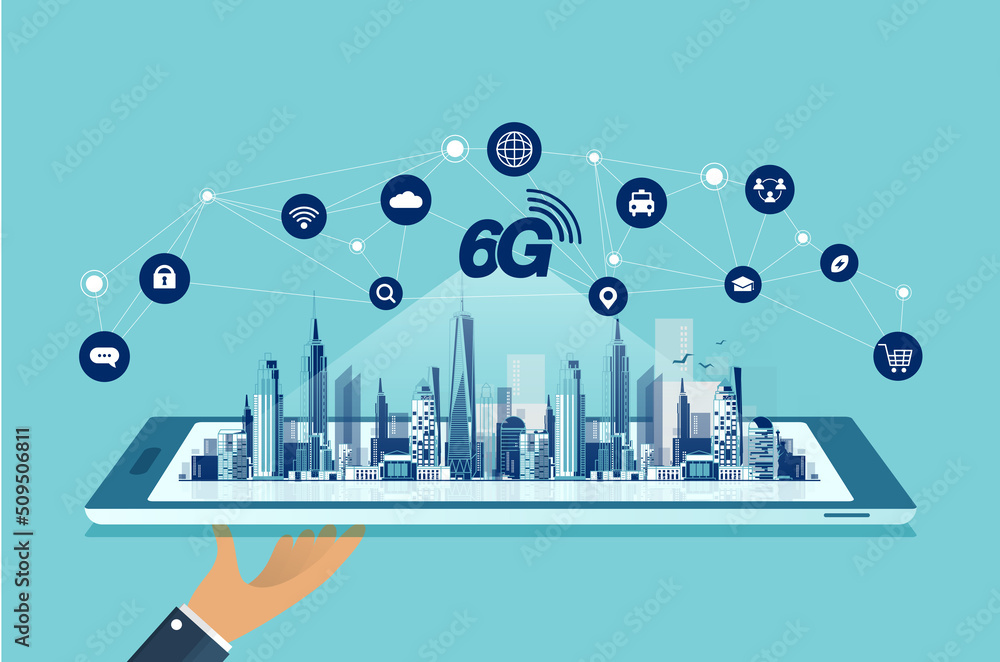 Aufkleber 6g technology concept. modern city and communication 6g network connection concept with smartphone. 