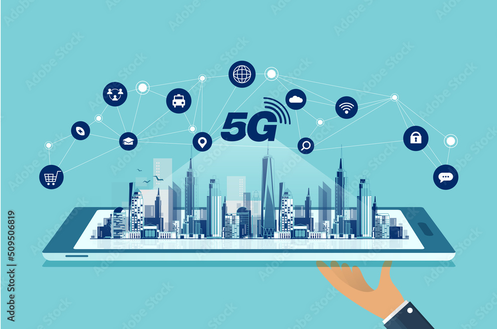 Aufkleber 6g technology concept. modern city and communication 6g network connection concept with smartphone. 