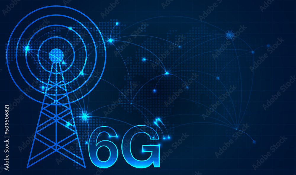 Poster 6g technology concept. modern city and telecommunication tower network connection concept. global co