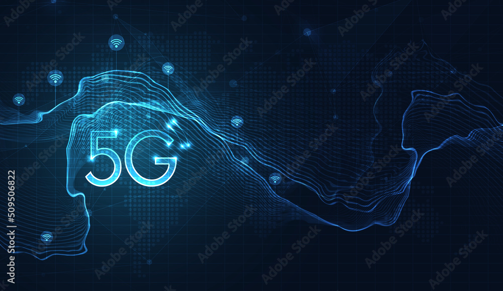 Poster 5g technology wireless data transmission, high-speed internet in abstract. information flow modern n