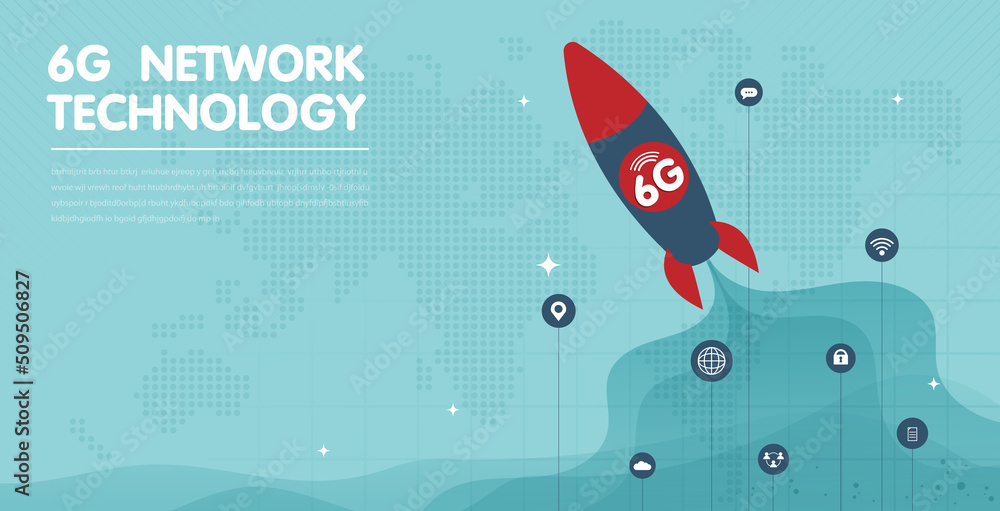 Poster 6g fast like a rocket with icons technology wireless data transmission. global connection and intern