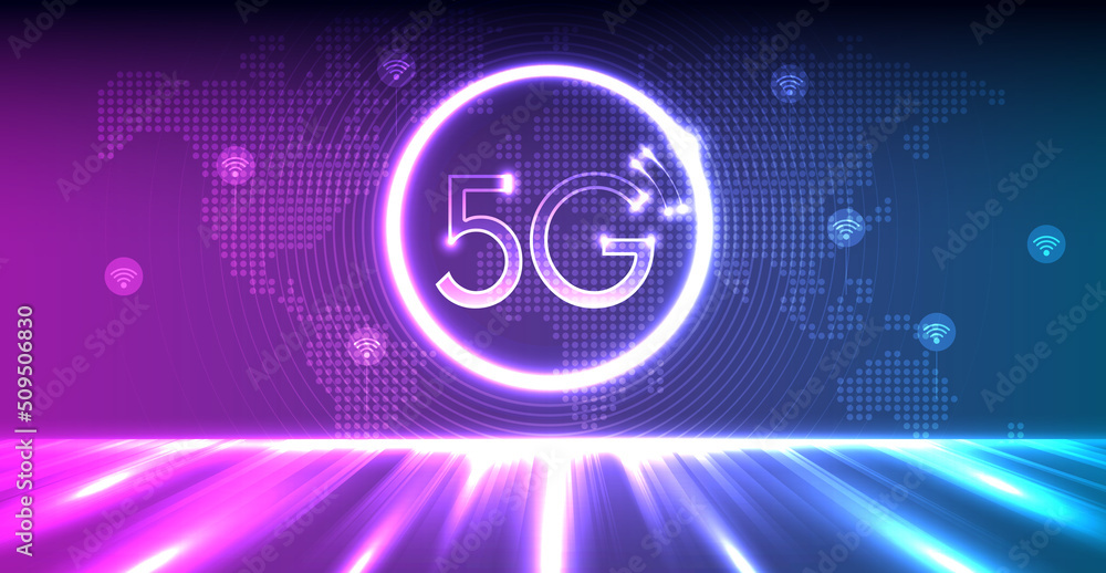 Poster 5g technology wireless data transmission, high-speed internet in abstract. information flow modern n
