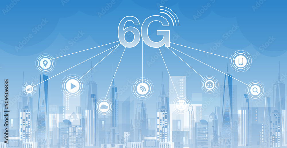 Poster 6g technology concept. network technology in city life concept background. global connection and int