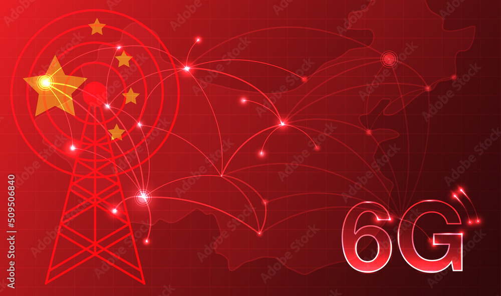 Poster chinese flag for technology 6g technology wireless data transmission, information flow modern networ