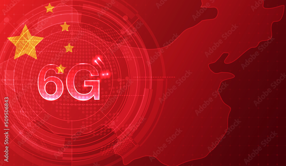 Poster chinese flag for technology 6g technology wireless data transmission, information flow modern networ