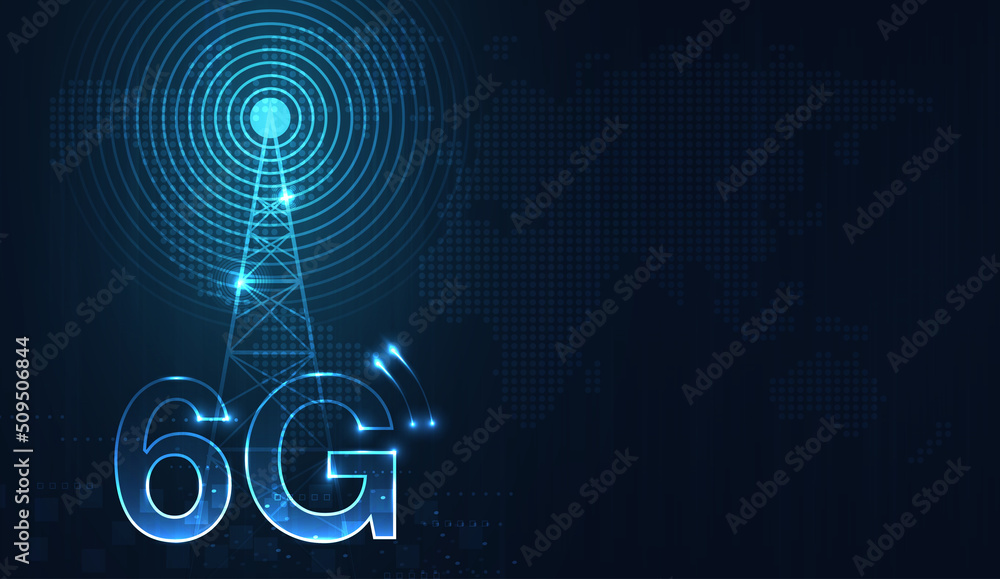 Poster 6g technology concept. modern city and telecommunication tower network connection concept. global co