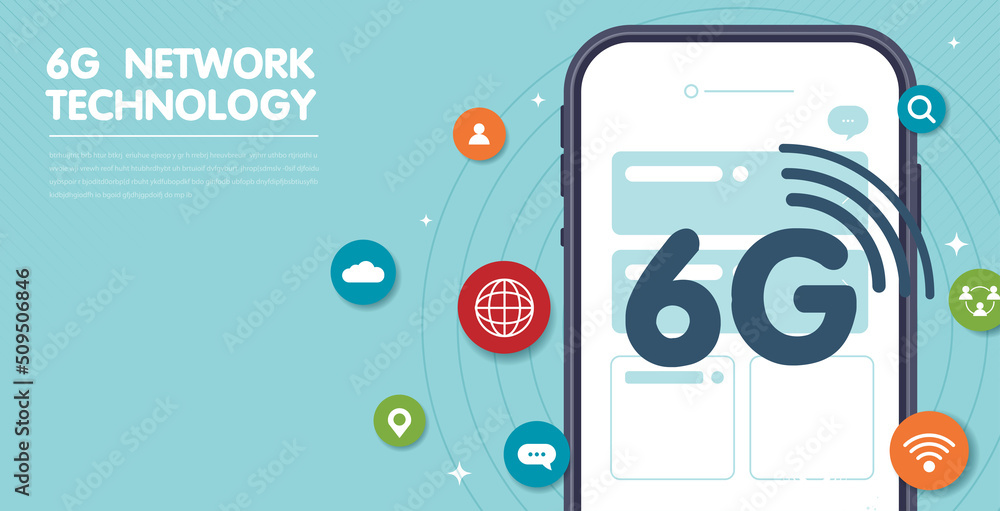 Poster 6g technology concept. modern city and communication 6g network connection concept with smartphone. 