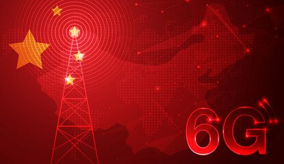 Chinese flag for technology 6G technology wireless data transmission, Information flow modern network connection concept background. global connection and internet network concept. vector design