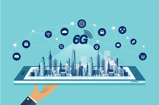 6G technology concept. modern city and communication 6g network connection concept with smartphone. high-speed mobile Internet, new generation networks. mixed media. vector design