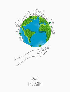 Environmentally friendly concept. eco with the globe, world map and hands for saving environment, save clean green planet, ecology concept. card for world earth day.  vector design