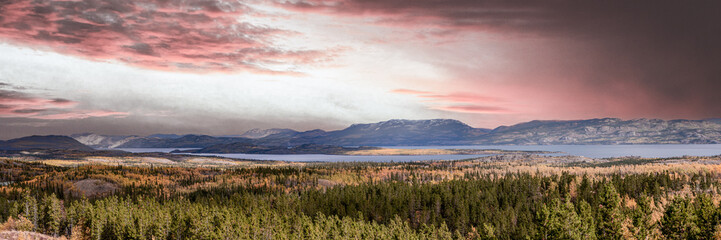 Panoramic views across the Yukon Territory in summer time with lake and mountains. 