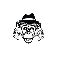 Tattoo art sketch monkey with ears closed black and white premium vector