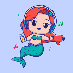cute mermaid listening to music,  for kids fashion artworks, children books, greeting cards.	
