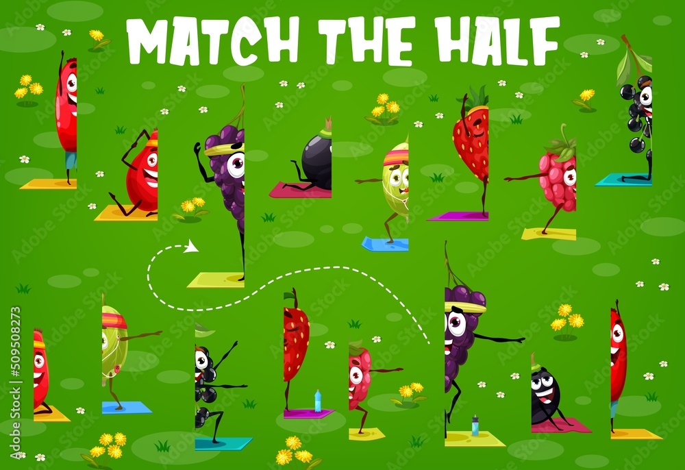 Wall mural match half maze, cartoon berry characters on yoga fitness, vector kids puzzle game. find correct pie