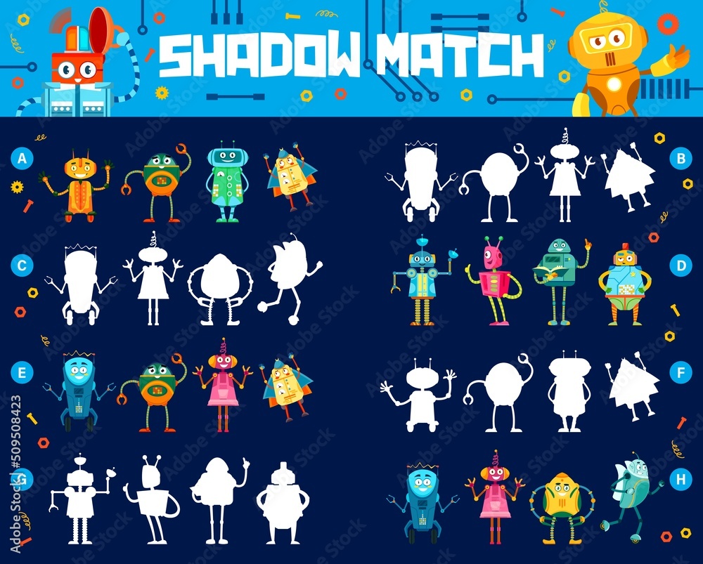 Poster shadow match kids game worksheet with cartoon funny robots, vector puzzle. find correct shadow or gu