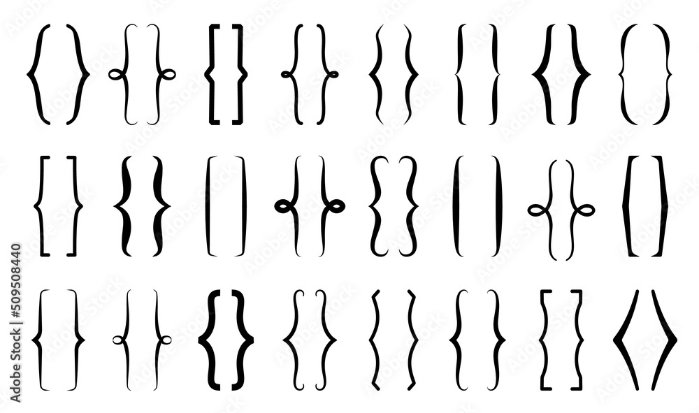 Poster parenthesis text brackets, curly round and square elegant frames, vector. parenthesis line borders, 