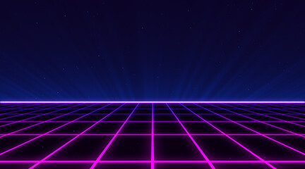 80s Retro Sci-Fi Background Futuristic Grid landscape. Digital cyber surface style of the 1980s. 3D illustration