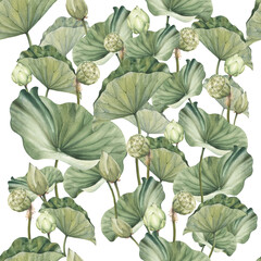 Hand drawn watercolor seamless pattern with white lotus flowers and lotus leaf