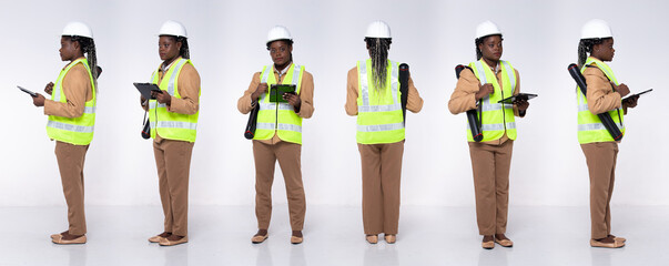 Full length 20s young African American Woman Architecture Engineer, 360 turn front side back rear - Powered by Adobe