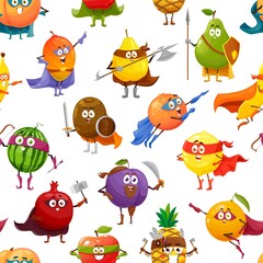 Obraz premium Cheerful fruits superhero and defender characters vector seamless pattern. Cartoon fruit food personages background of apple, mango, orange and pineapple, banana, watermelon and peach with mask, cape