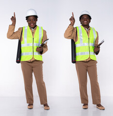 Full length 20s young African American Woman Architecture Client Engineer, pointing finger up in Air