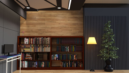 テレビ会議背景用 ZOOM会議背景用 CG 部屋 本棚 書斎 ランプ スタンドランプ スタンド夕暮れ 夕日 夕闇 video conferencing for using in video conference and as a zoom background.